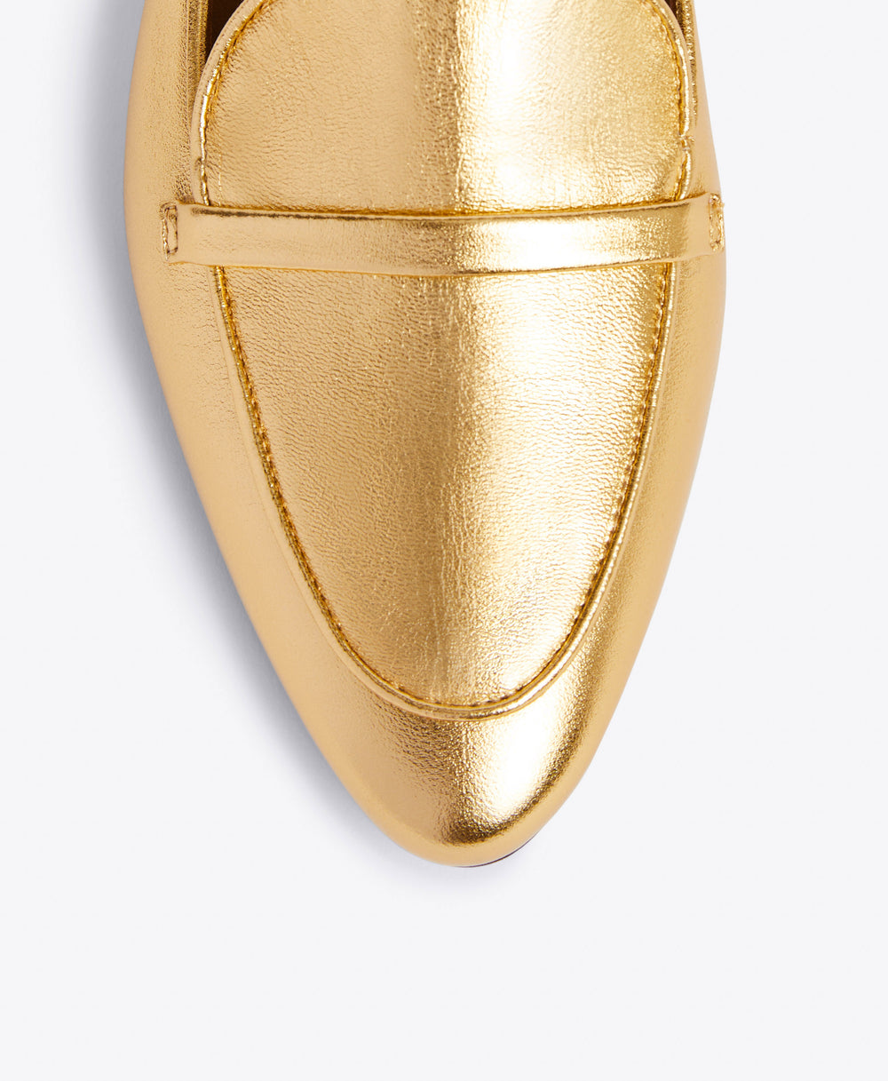 Gold Metallic Nappa Loafers - Elongated Almond Toe with Strap Detail on Monoblock | Malone Souliers