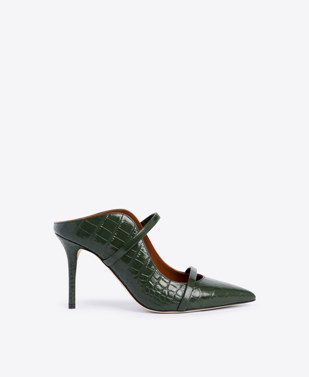Double Strap Mules in Pine Green - Pointed Toe on Stiletto | Malone Souliers