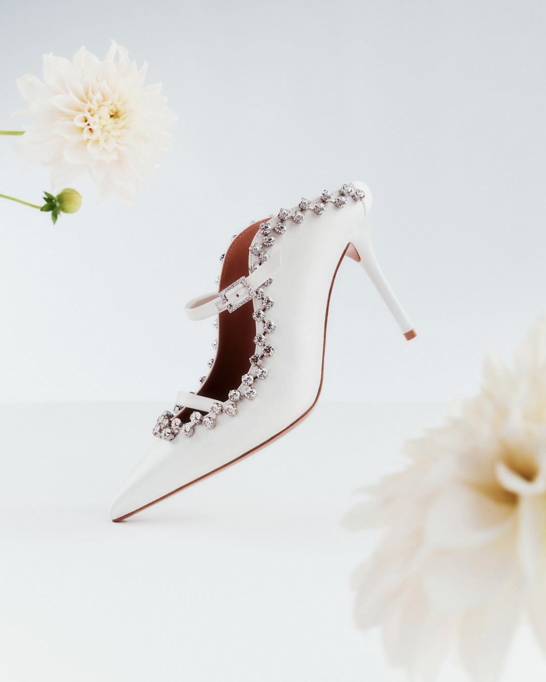 Women's luxury Bridal 85mm White Satin Heeled Mules with Crystal Embellishments Malone Souliers