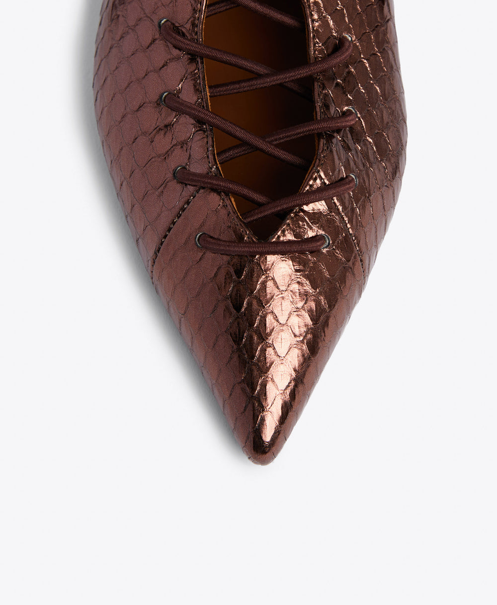 Dark Brown Metallic Lace-up Flat Slingbacks - Pointed Toe on Monoblock | Malone Souliers