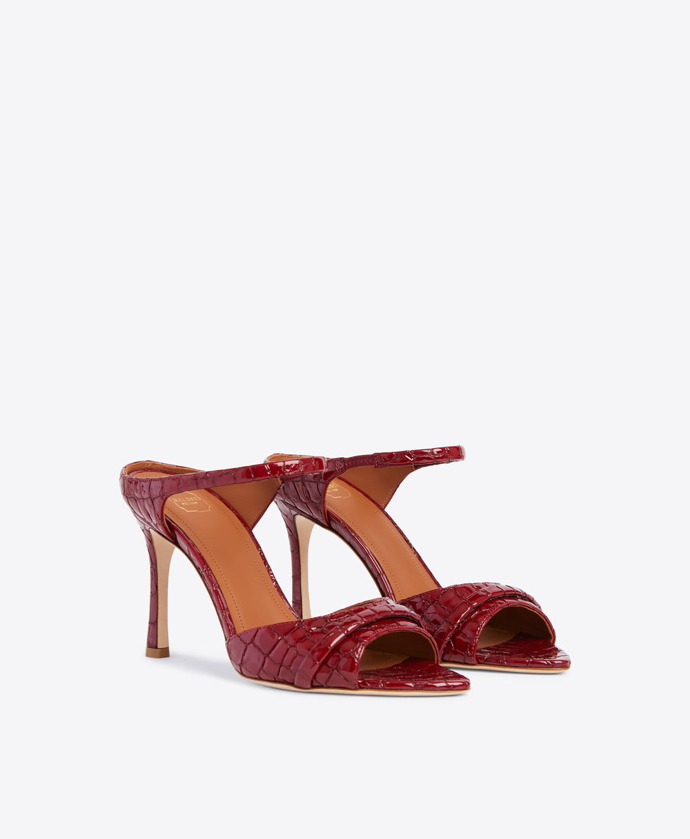 Two-Part Burgundy Sandals - Strap on Flared Stiletto | Malone Souliers