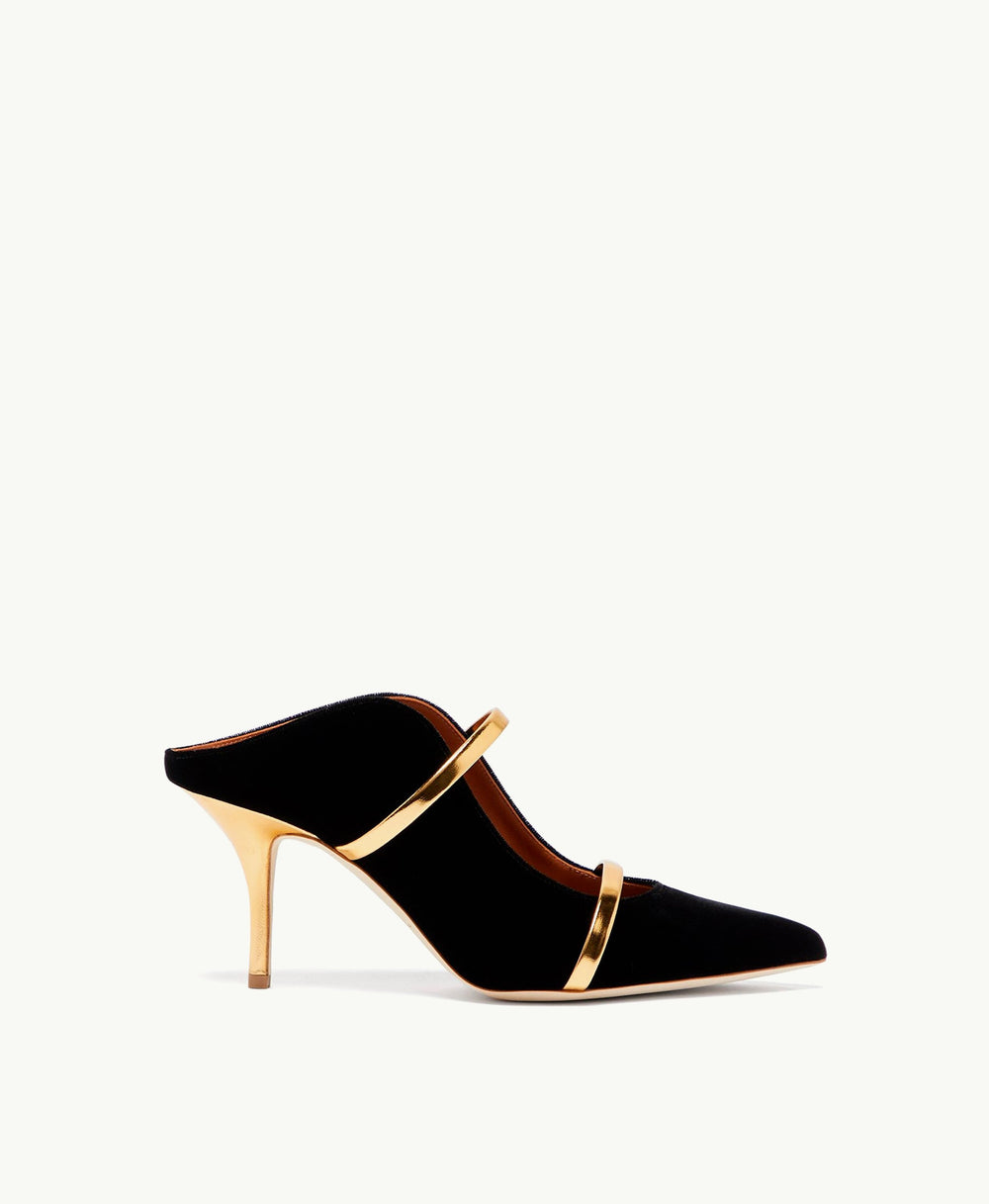 Women's Black Velvet Designer Pointed Toe Mules with Gold Mirror Leather Detail Malone Souliers